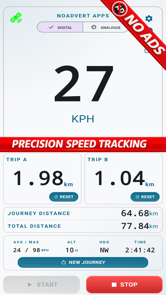 NoAdvert Speedometer showing live GPS speed