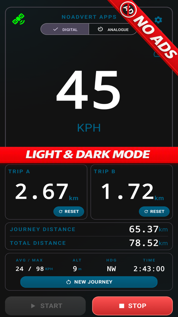 NoAdvert Speedometer in light and dark mode